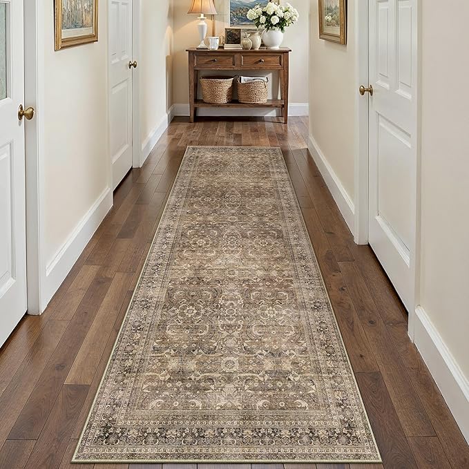 2x12 Brown Vintage Distressed Washable Runner Rug for Hallway | Low Pile, Non Slip, Retro Style, Soft Distressed Long Hallway Runner for Kitchen, Entryway, Laundry, Bedroom, Home Decor