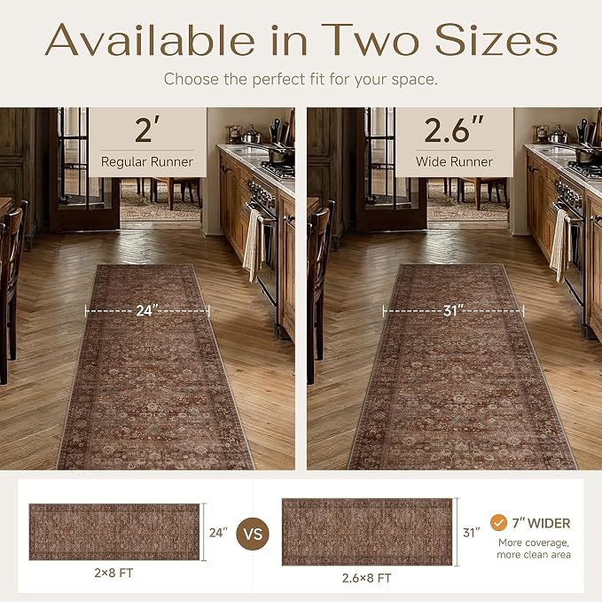 HUGEAR 2'6''x12 Runner Rug Machine Washable Brick Red Hallway Area Rug Indoor Accent Rugs Floral Low Pile Carpet Soft Throw Rugs Bedroom Living Room Office Dining Kitchen Laundry Non Slip
