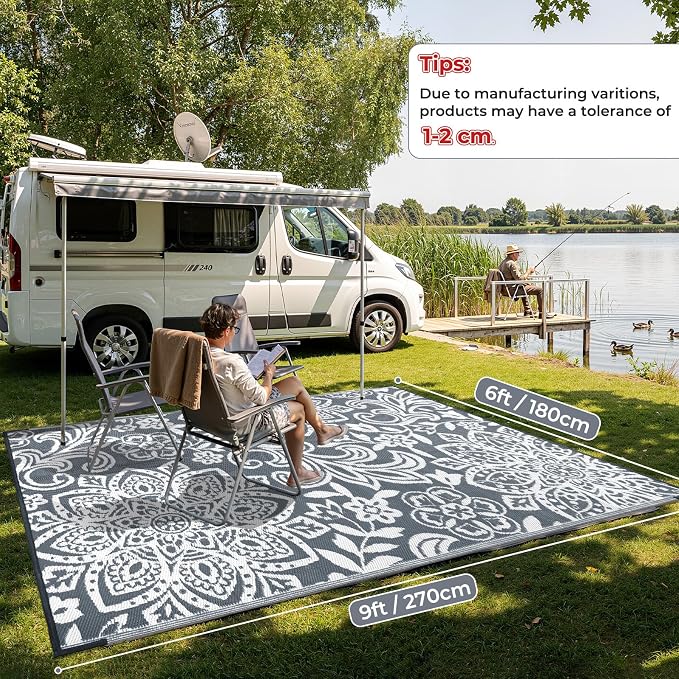 Findosom Waterproof Outdoor Rug 6' x 9' - Reversible Mandala Outdoor Plastic Straw Rug, Durable Foldable Patio Rug for RV, Deck, Balcony, Backyard, Picnic, Porch, Camping, Beach, Gray
