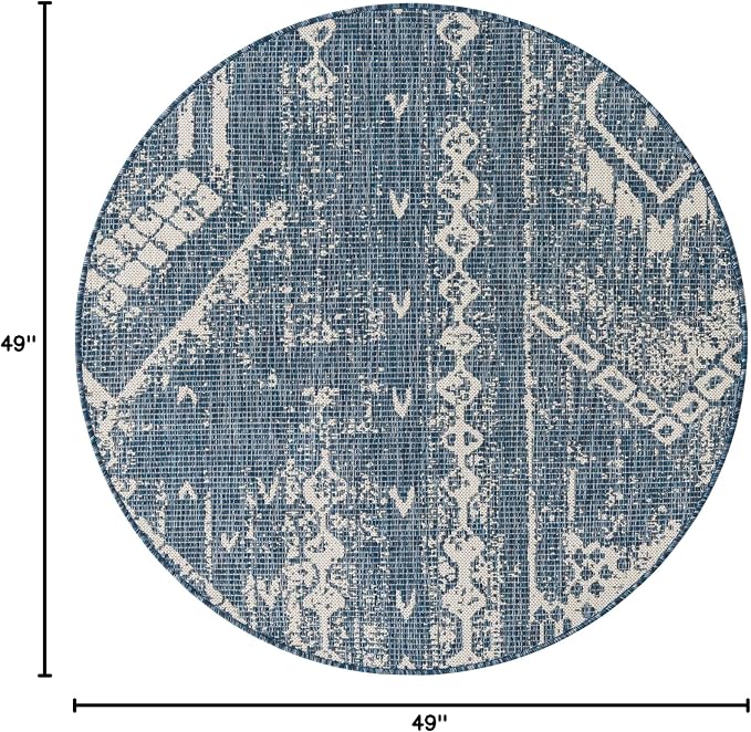 Unique Loom Outdoor Bohemian Collection Area Rug - Anthro (4' 1" Round, Blue/ Ivory)