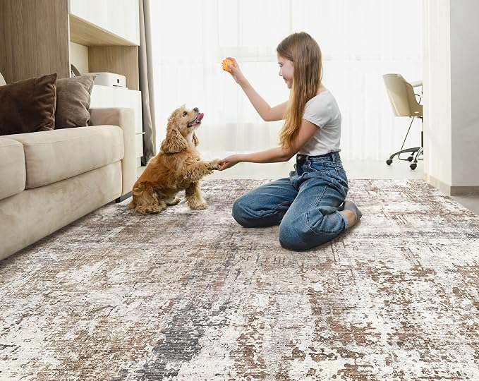 UERMEI 5x7 Washable Area Rug - Neutral Modern Abstract Living Room Rugs, Non-Slip Soft Large Indoor Floor Carpet for Bedroom Home Office & Under Dining Table Decor, Brown/Grey/Red