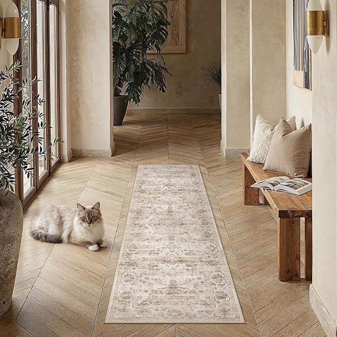 Beige Runner Rug 2x6 Kitchen Vintage Floral Non-Slip Carpet | Machine Washable, Soft, Low Pile, Distressed, for Hallway, Entryway, Laundry Room, Bathroom, Retro Neutral Decor