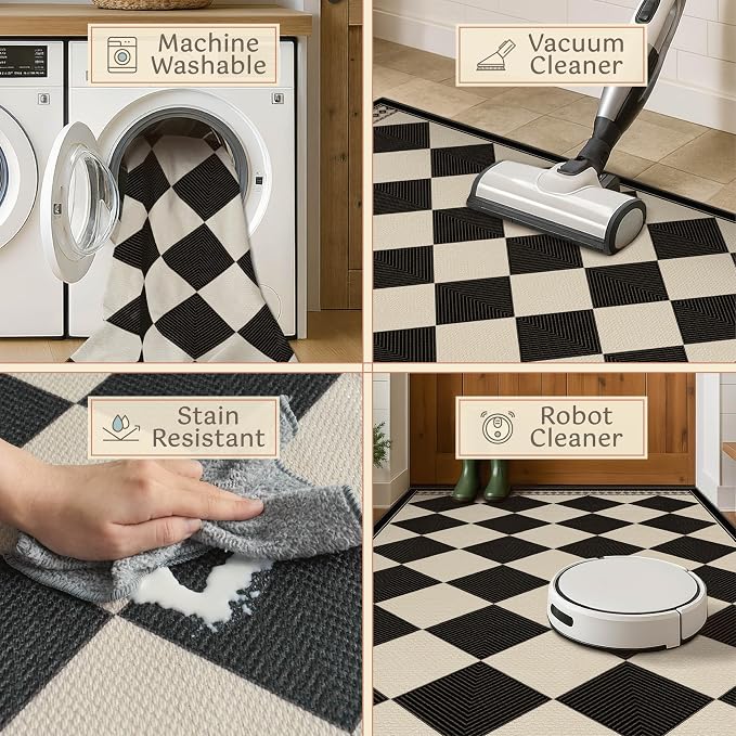 2x3 Elegant Farmhouse Checkered Entry Kitchen Rug, Vintage Diamond Front Door Mat, Non-Slip Washable Soft Easy Jute Area Rug, Non-Shedding Low Pile Carpet for Entryway, Bedroom, Porch, Black & White