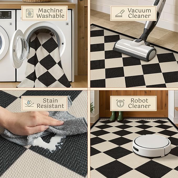 Black and White Diamond Outdoor Easy Jute Front Porch Rug 3x5, Washable Non-Slip Checkered Entryway Rug, Modern Farmhouse Boho Low Pile Indoor Beige White Carpet for Living, Kitchen, Mudroom, Laundry