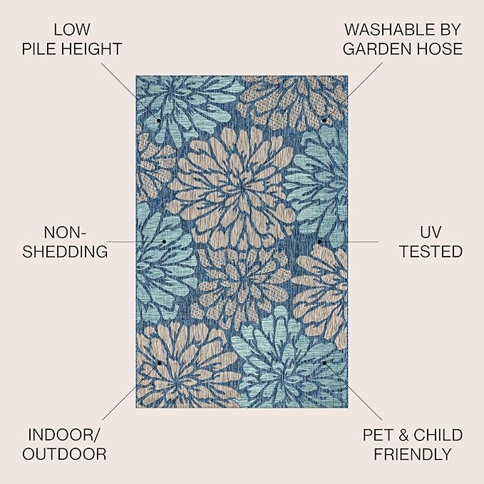 JONATHAN Y Floral Textured Weave Indoor Outdoor Area Rug 8X10 Navy/Aqua, Zinnia Modern for Backyard, Patio, Porch, Easy-Cleaning, High Traffic, Pet-Friendly, Non-Shedding (SMB110C-8)
