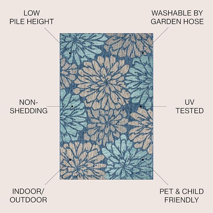 JONATHAN Y Floral Textured Weave Indoor Outdoor Square Area Rug 6X6 Navy/Aqua, Zinnia Modern for Backyard, Patio, Porch, Easy-Cleaning, High Traffic, Pet-Friendly, Non-Shedding (SMB110C-6SQ)