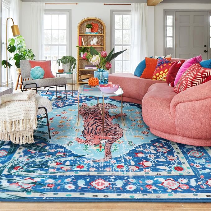 6x9 FT Leopard Rug for Living Room Vintage Animal Rug Aesthetic Rugs for Girls Room Nursery Bedroom Home Office Dorm Thin Bright Blue Carpet (Blue, 6X9 FT)