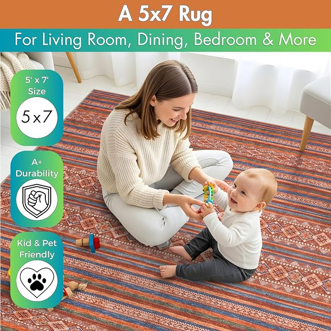 Sacred Artisans Boho 5x7 Area Rug for Living Room, Dining Room and Office | Washable, Non Slip, Pet Friendly and Low Pile (Kilim, 5' x 7')