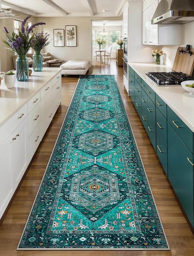 SERISSA 2'6"x16' Washable Non Slip Boho Runner Rug for Hallway，Teal | Ultra Soft Vintage Oriental Carpet Low-Pile Tribal Floor Carpet for Kitchen Bedroom Entryway Bathroom Laundry Room
