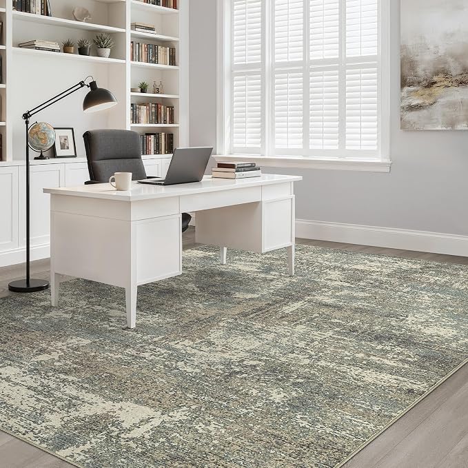 LOONGRUG 9x12 Area Rug Washable Neutral Modern Living Room Rug Green Brown | Abstract Soft Stain Resistant Indoor Non-Slip Carpet for Bedroom Nursery Kids Office Playroom Dining Room