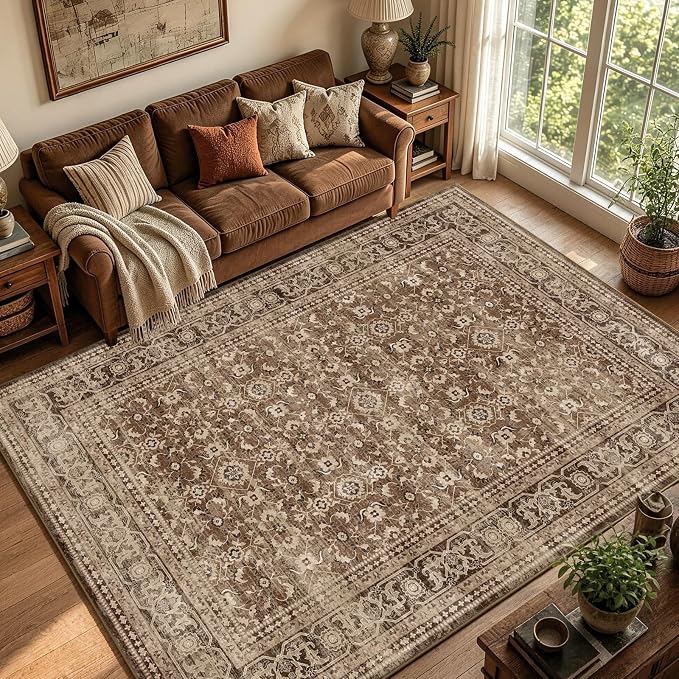 4x6 Ft Area Rugs for Living Room, Soft Non-Slip Machine Washable Rug, Vintage Stain Resistant Carpets for Bedroom Nursery Dining Room Home Decor (Brown)