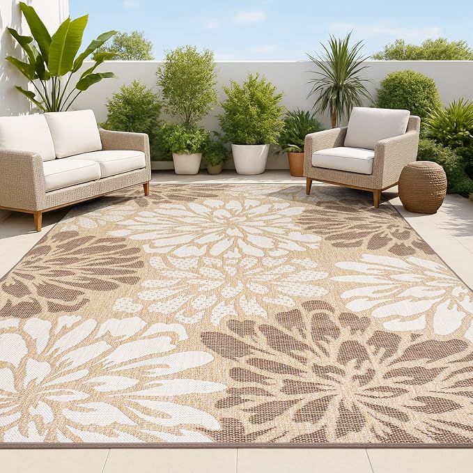 JONATHAN Y Floral Textured Weave Indoor Outdoor Area Rug 3X5 Brown/Cream, Zinnia Modern for Backyard, Patio, Porch, Easy-Cleaning, High Traffic, Pet-Friendly, Non-Shedding (SMB110I-3)