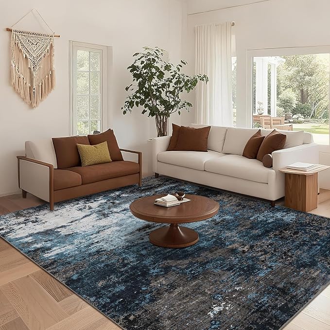 GarveeHome 4x6 Washable Area Rug Modern Abstract Blue Green | Non-Slip Backing, Stain-Resistant Low Pile Floor Cover, Colorful Indoor Mat, Bedroom, Kitchen, Laundry