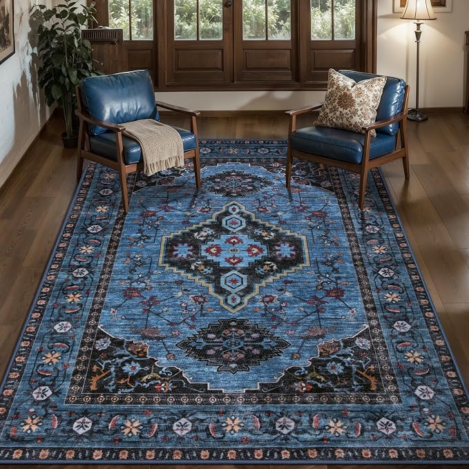 Tangsoo Oriental 3x5 Washable Area Rugs, Blue Non Slip Accent Rug | VIntage Indoor Print Distressed Carpet, Soft Low Pile Rug for Living Room Dining Bedroom Bedside Entryway Blue Home Decor