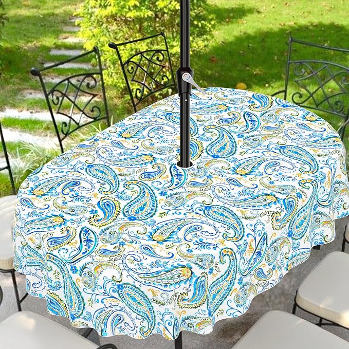 Outdoor Tablecloth with Umbrella Hole and Zipper, Oval Patio Table Covers for Spring/Summer, Machine Washable Outdoor Picnic Table Cloth (Paisley, 60" × 84" Oval)