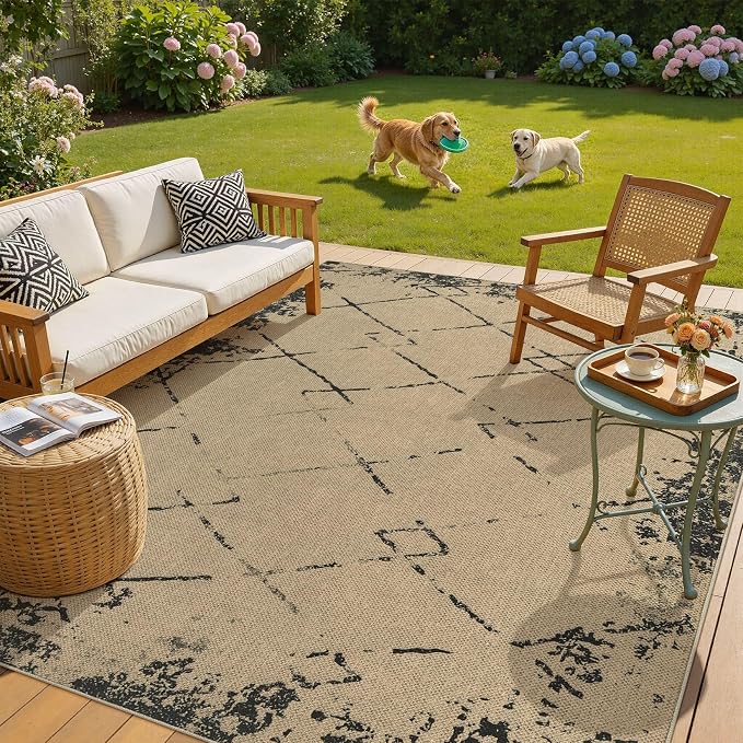 UERMEI 6x9 Outdoor Jute Area Rug Patio Neutral Washable Modern Brown | Easy Non Slip Pet Friendly Indoor Farmhouse Carpet for Living Room Bedroom Dining Backyard