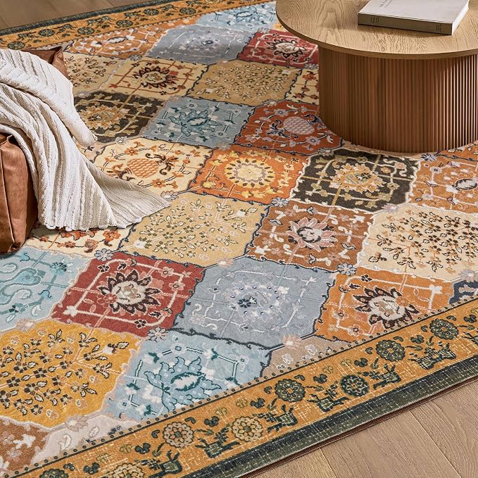 Phantoscope Washable Area Rug 5'x7' Non-Slip, Vintage Boho Rugs for Living Room, Bedroom, Dining Room, Distressed Moroccan Mosaic Diamond Pattern, Low-Pile Foldable Floor Carpet, Terracotta/Rust
