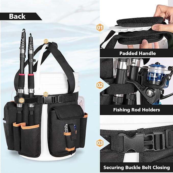 GOBUROS Fishing Bucket Organizer for 5 Gallon Bucket(Bucket not Included) | Fish Bucket Storage Caddy with Adjustable Buckle, Rod and Plier Holder and Multi-Pockets for Fishing Gear
