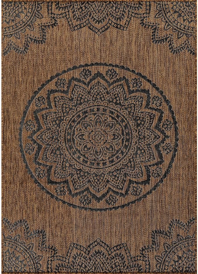CAMILSON Outdoor Rug 5x7 Modern Area Rugs for Indoor and Outdoor Patios and Porches - Waterproof Washable Non-Shedding Easy-to-Clean Outside Carpet (5 x 7 Medallion - Gold/Black)