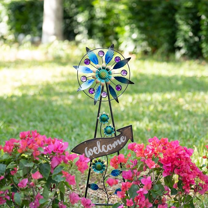 TERESA'S COLLECTIONS Garden Decor Solar Stake, Wind Spinner for Outdoor Decorations, Metal Windmill Blue Floral Yard Art Sign Decorative Garden Stake for Lawn Ornaments, Gifts for Mom, 26''