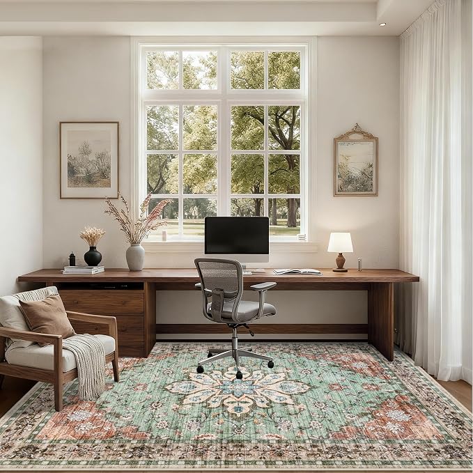 5x7 Area Rugs Living Room: Washable Rug for Bedroom Brown Green | Boho No Slip Stain Resistant Rug Soft Indoor Decor Floor Floral 5x7 Area Rugs for Dining Room, Nursery, Hallway, Home Office
