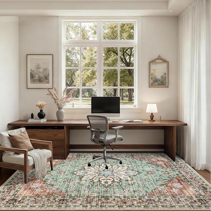 4x6 Area Rugs Living Room: Washable Rug for Bedroom Brown Green | Boho No Slip Stain Resistant Rug Soft Indoor Decor Floor Floral 4x6 Area Rugs for Dining Room, Nursery, Hallway, Home Office