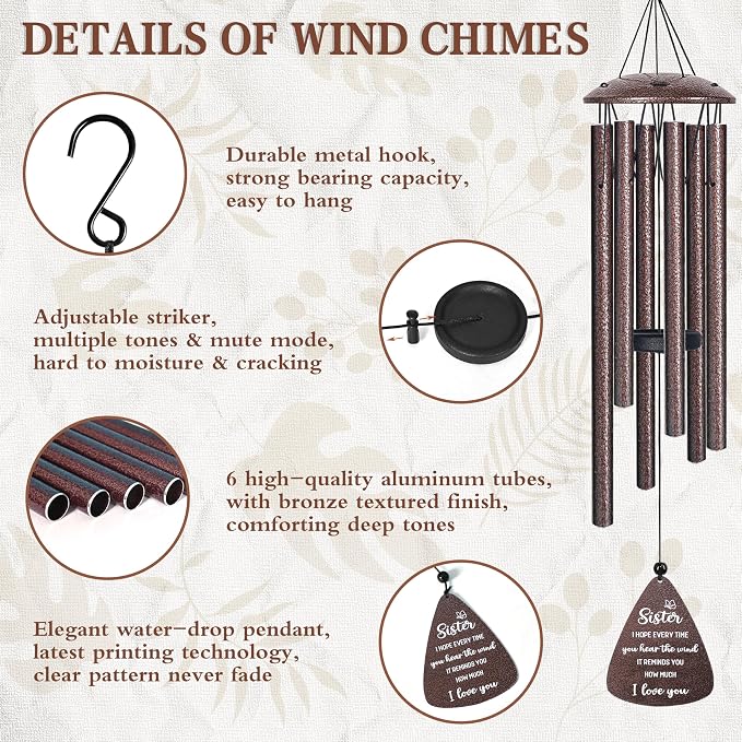 Sister Gifts, 32" Bronze Wind Chimes, Sister's Birthday Gifts from Sisters Brother, Sisters in Law Gift, Best Sister Ever Gift for Women Birthday Christmas Mother's Day, Home Decor