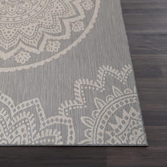 CAMILSON Outdoor Rug 10x14 Modern Area Rugs for Large Indoor and Outdoor Patios and Porches - Waterproof Washable Non-Shedding Easy-to-Clean Outside Carpet (10 x 14, Medallion - Grey/White)