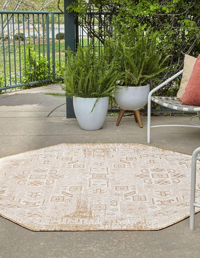 Unique Loom Outdoor Aztec Collection Area Rug - Coba (5' 3" Octagon, Natural/ Ivory)