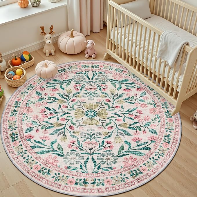 PLHXFR Round Area Rug Living Room: 4 ft Floral Washable Carpet Pink Green | For Bedroom Dining Room Farmhouse Nursery Hallway,Vintage Floral,Machine washable,Non Slip,Stain Resistant,Large Indoor