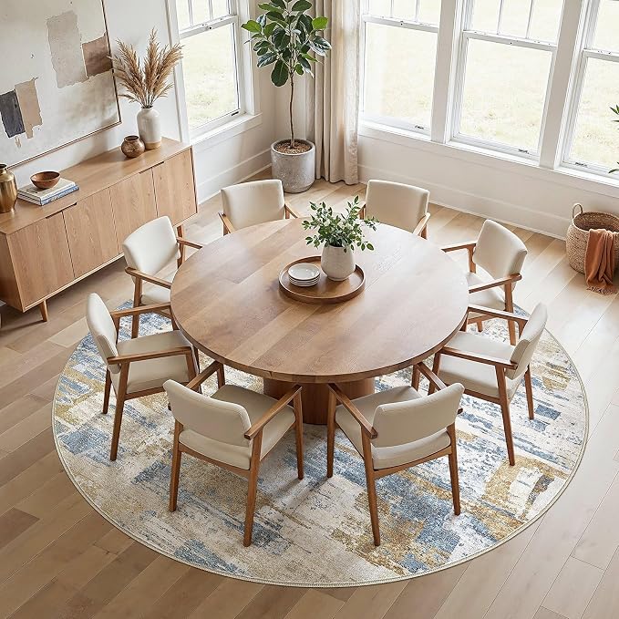 kakania Abstract 10x10 Round Rugs for Living Room: Circle Rugs 10FT Blue | Washable, Soft, Non-Slip, Low-Pile, Pet & Kid Friendly - Large Modern Home Decor Carpet for Bedroom/Dining Room/Nursery