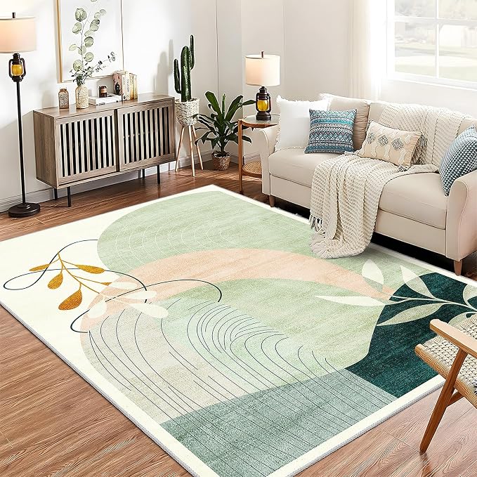 5x7 Area Rugs Washable Low Pile Non Slip Mid Century Modern Large | Machine Washable Throw Carpet for Living Room Bedroom Office Dining Room Indoor Boho Abstract Retro Geometric Green