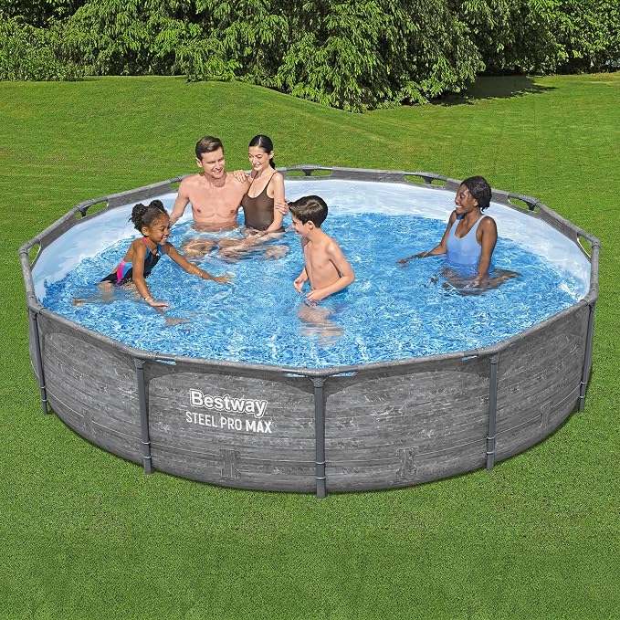 Bestway Steel Pro MAX 12' x 30" Above Ground Swimming Pool Set with Pump | Durable Round Metal Frame Outdoor Backyard Pool, Puncture-Resistant Liner - Filter Pump Included, Stacked Stone Print