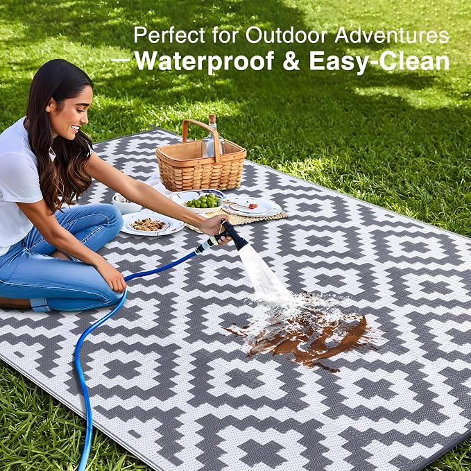 OLANLY Waterproof Outdoor Rug 9x18 ft, Outdoor Plastic Straw Rug for Camping, RV Mat Outside, Outdoor Carpet for Porch, Deck, Backyard, Balcony, Picnic, Grey & White