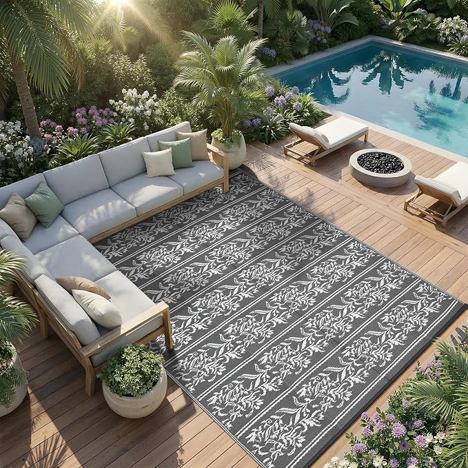 Garvee Outdoor Rugs 8x10 Waterproof Reversible Mat Boho Leaf Patio Rug with 4 Stakes and Starage Bag, Large Outdoor RV Mat Rugs for Camping, Picnic, Balcony, Deck, Backyard, Grey & White