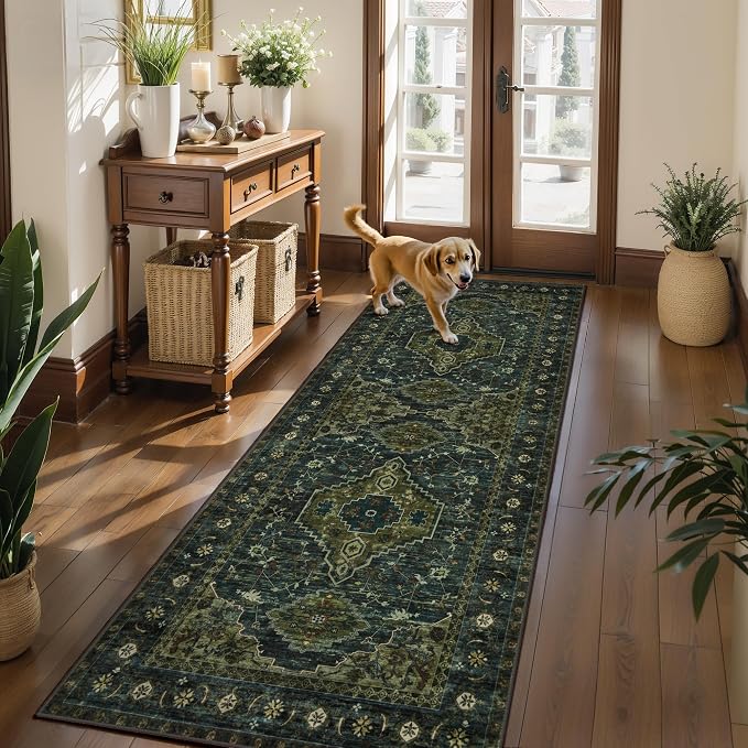 Tangsoo Oriental 3x6 Washable Runner Rug for Entryway, Non Slip Runner Rug | Vintage Print Carpet Runner, Boho Soft Low Pile Accent Runner Rug for Entryway Living Room Dining Bedroom Bedroom Olive Green