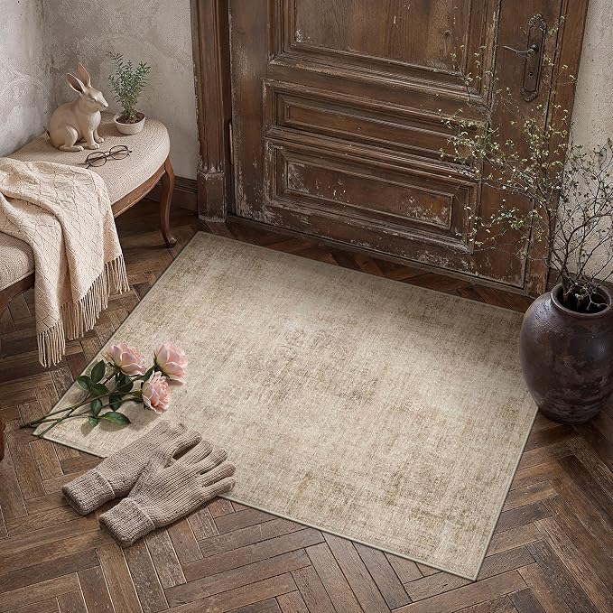 2x3 Beige Vintage Area Rug | Washable, Non Slip, Soft Low Pile, Neutral Farmhouse, for Entryway Kitchen Bathroom Living Room Bedroom Indoor Home Decor