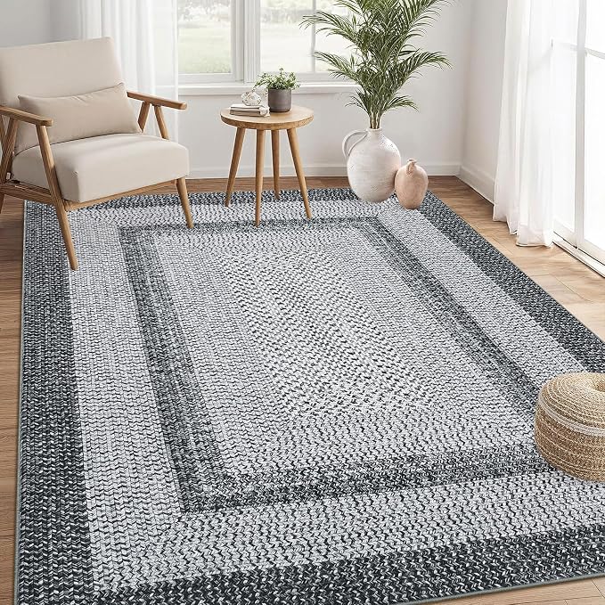 RUGSREAL 8x10 Washable Area Rug for Living Room with Rubber Backing | Stain Resistant Large Bedroom Throw Carpet Modern Geometric Floor Cover Modern Border Rug for Home Decor Office, Grey