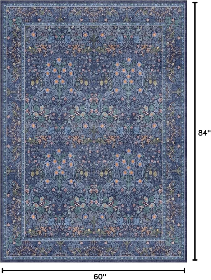 Dark Navy Blue Living Room Rug 5x7 Area Rug - Vintage Floral Forest Washable Mat for Dining Room, Bedroom, Low Pile Non Slip Stain Resistance Distressed Retro Indoor Boho Carpet