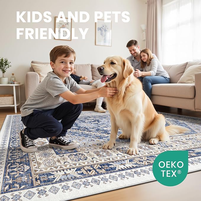 8x10 Area Rugs for Living Room,Large Washable Rug,Blue | Rugs for Bedroom,Dining Room,Office,Low Pile,Soft, Vintage Rug,Stain Resistant Indoor Carpet,Non Slip,Home Decor