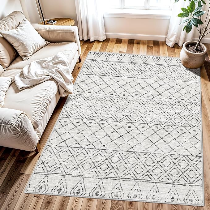 Moroccan 3x4 Washable Area Rug:Non Slip Rug for Entryway Geometric Grey | Modern Soft Texture, Stain Resistant , Easy to Clean, Fits Living Room, Bedroom, Dining Room , Pet Family Friendly