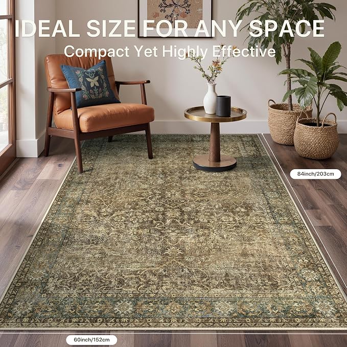 2'6" x 8' Kitchen Runner Rug, Washable Non Slip, Brown Olive | Vintage Floral Design, Spill Resistant Lightweight Low Pile Carpet for Hallway, Bedroom, Laundry Room, Bathroom