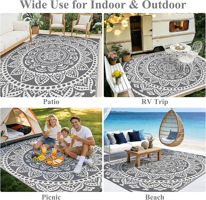 Bsmathom Waterproof Outdoor Rug 9x12 ft Large Reversible Boho Plastic Straw Patio Deck Camping Rugs, Indoor Outdoor Portable RV Mat Carpet for Outside, Porch, Balcony, Backyard, Beach, Pool,Grey