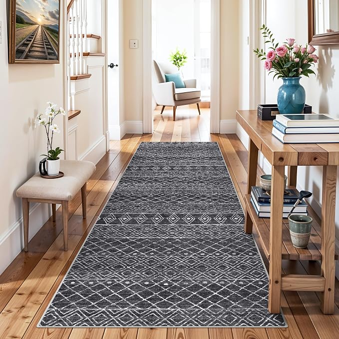 2x8 Black Moroccan Geometric Hallway Runner:Washable Non Slip Rug | Modern Boho Mat, Soft Stain Resistant, Easy to clean, Suitable for Kitchen Entryway Bedroom, Pet Family Friendly