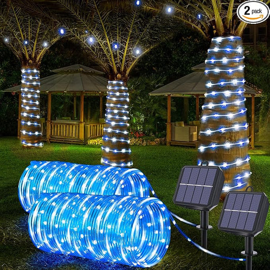 Solar Rope Lights, 2 Packs Total 132ft 400LED Solar String Lights, 8 Modes Waterproof Solar Outdoor Light, Flexible Clear Trampoline Light for Garden Backyard Patio Deck Pool Tree Decor - White & Blue