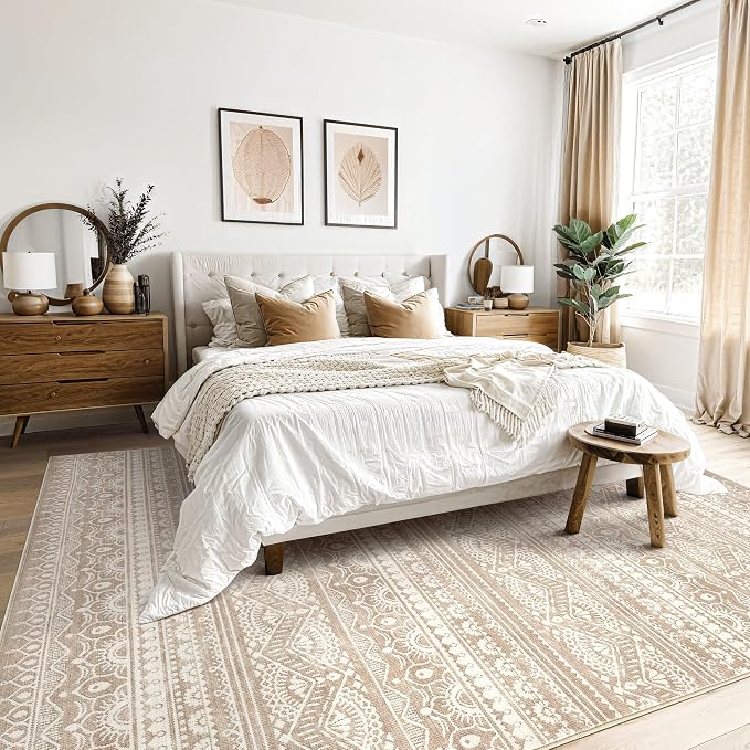Tortania Area Rug Living Room Rugs - 8x10 Washable Large Soft Neutral Boho Moroccan Bohemian Farmhouse Rug Indoor Floor Carpet for Bedroom Under Dining Table Home Office Decor - Light Brown