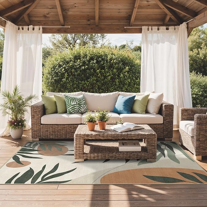 GENIMO Outdoor & Indoor Area Rug 8'x10', Waterproof, Non-Shedding, Easy Cleaning, Leaf Mat for Patio, Living Room, Balcony, Dining Room, RV, Deck, Bedroom, Camping, Outside Carpet, Beige Grey
