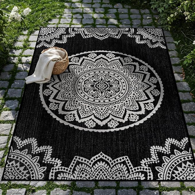 CAMILSON Outdoor Rug 5x7 Modern Area Rugs for Indoor and Outdoor Patios and Porches - Waterproof Washable Non-Shedding Easy-to-Clean Outside Carpet (5 x 7 Medallion - Black/White)