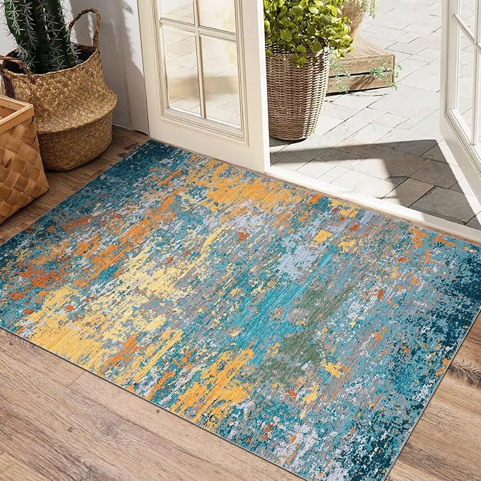 ROYHOME Modern Abstract 2x3 Area Rug Non Slip, Multi Color | Non Shedding Low Pile Stain Resistant Rug for Entryway Kitchen Bedroom