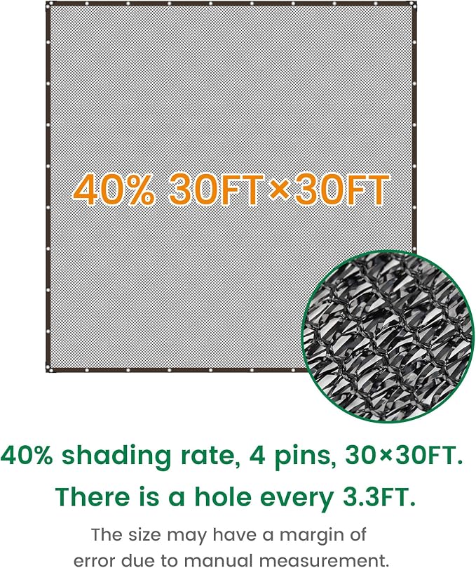 40% 30 X 30 FT Black Shade Cloth, Outdoor Woven Sun Shade with Grommets, Durable Breathable Netting Shading Antifreezing for Patio, Garden, DIY Home, Plants Cover, Greenhouse, Dog Kennel